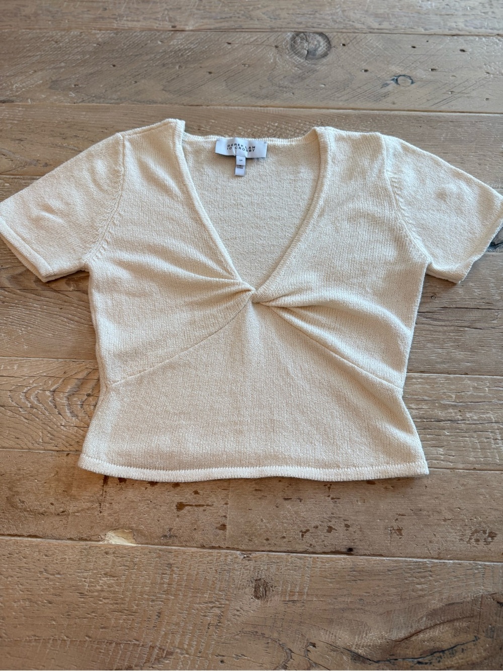 Derek Lam Crosby Butter Cream Twist-Front Short Sleeve Crop Top